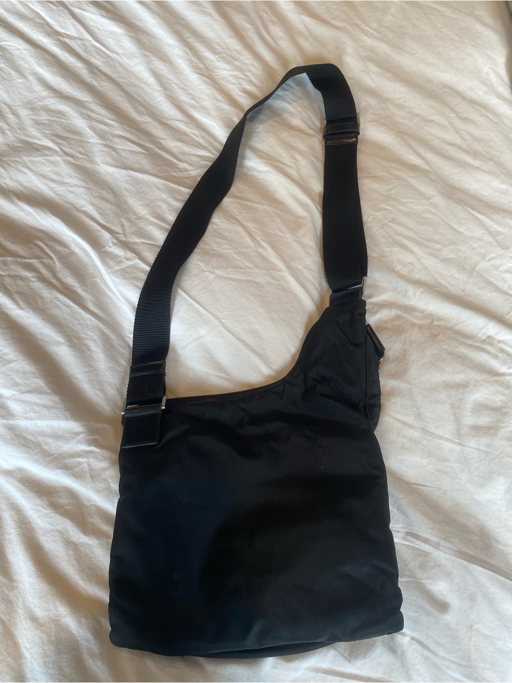Vintage Vela Asymmetrical Prada Black Nylon Messenger Crossbody w/ Front Buckle - Picture 2 of 4